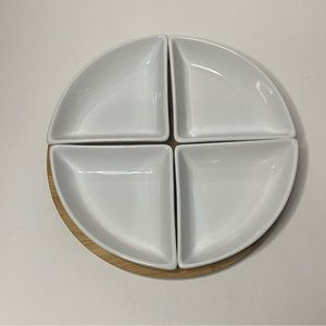 Core Appetizer Fruit Round Wooden Tray With 4 Ceramic White Triangular Bowls
